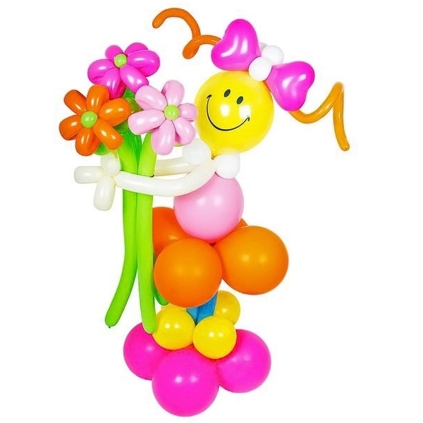 Фигура Девочка с цветами из воздушных шаров. Высота: до 1,3м. Возможно любое количество цветов в букете. Цена одного цветка 50 рублей. Возможна другая гамма