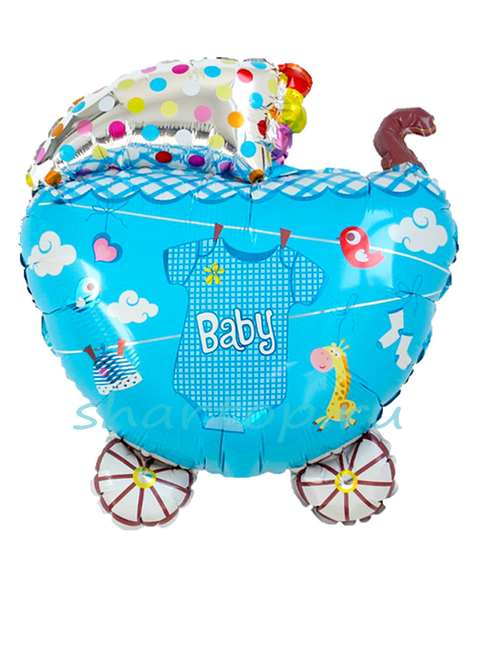 Фольгированный воздушный шар в форме маленькой детской коляски для мальчика. Размер 61 см. Наполнен гелием. Подвязан на ленте 120 см.