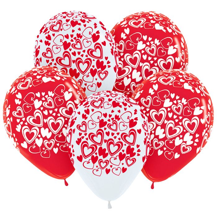 Воздушный шар с рисунком Кокетливые сердца, 30 см., наполненный гелием и с бумажной лентой. Диаметр 30см., обработан составом HiFloat для увеличения срока полета. Срок полета 2-4 дня. Цвета: красный и белый