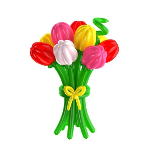 Букет из 15 цветов из воздушных шаров в виде тюльпанов, с бантом. Высота: 0,7м. Возможно любое количество цветов в букете. Цена одного тюльпана 50р.
