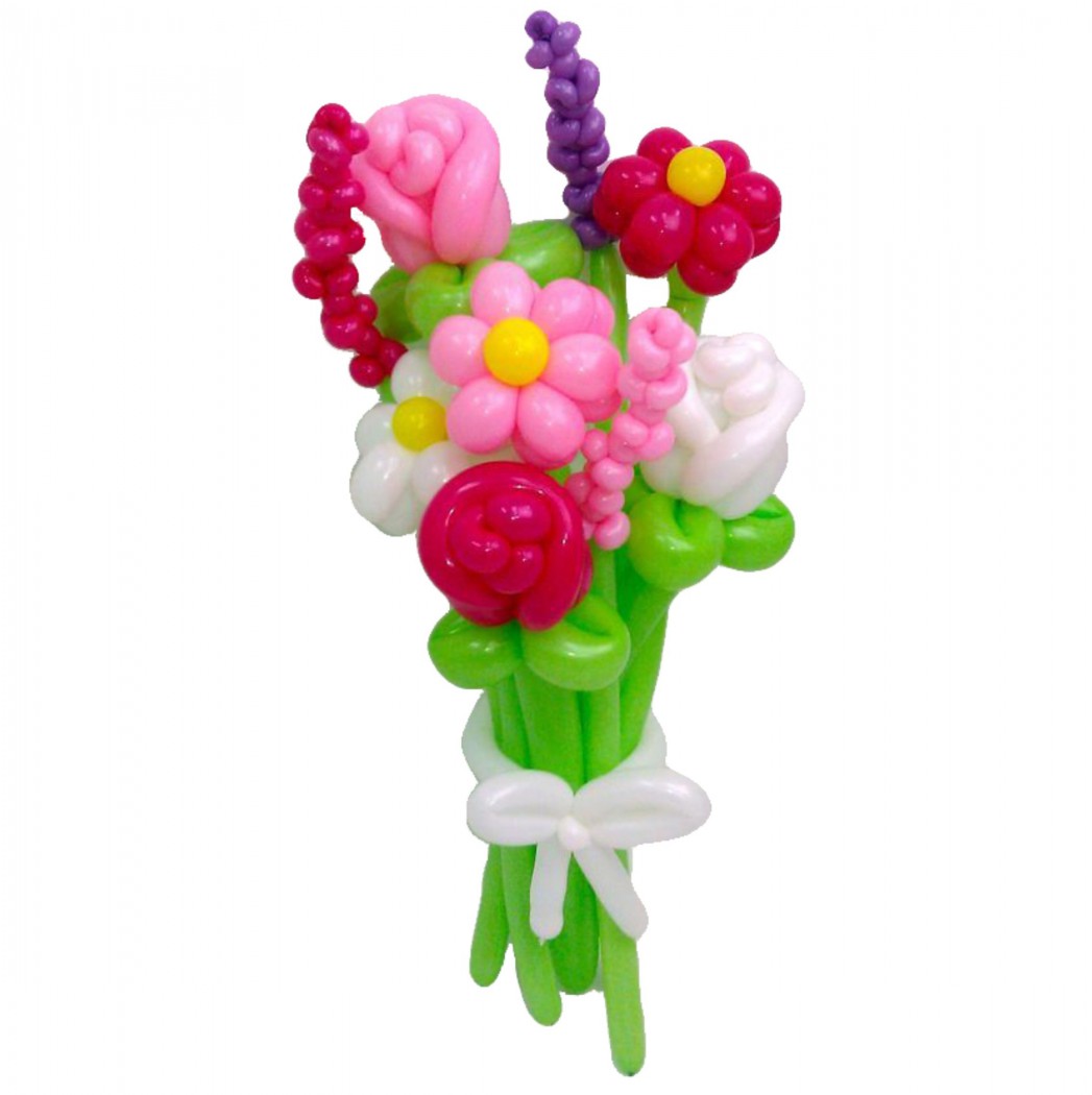 Букет из 9 цветов из воздушных шаров в виде ромашек и бутонов роз, с бантом. Высота: 0,7м. Возможна любая цветовая гамма