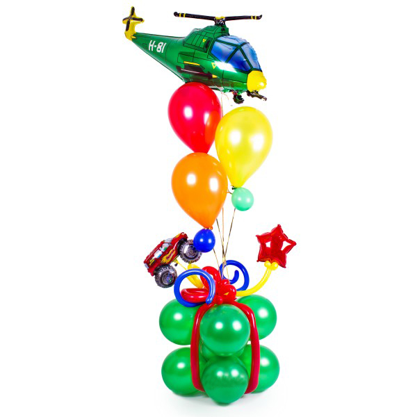 Колонна с букетом из воздушных шаров с фольгированной фигурой Вертолет, наполненных гелием. Размер: до 2м х 0,9м. Допускается любая цветовая вариация (уточняйте при заказе). Фигуру можно заменить. Количество шаров может быть любым