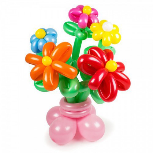 Букет из 5 цветов из воздушных шаров, на подставке. Высота: до 1м. Возможно любое количество цветов в букете, цена одного цветка 50 рублей. Возможна другая цветовая гамма
