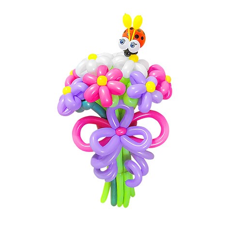 Букет из 9 цветов из воздушных шаров с божьей коровкой, из воздушных шаров. Высота: 0,7м. Возможно любое количество цветов в букете.