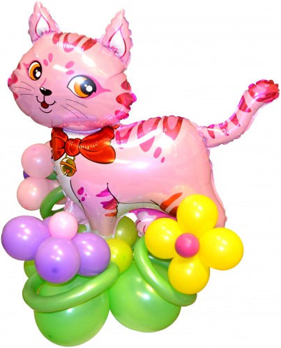 Фигура из латексных и фольгированного воздушных шаров Фигура Котик на клумбе. Размер: 1,2м х 1м. Возможны любые цветовые вариации цветов. Котик розовый или голубой