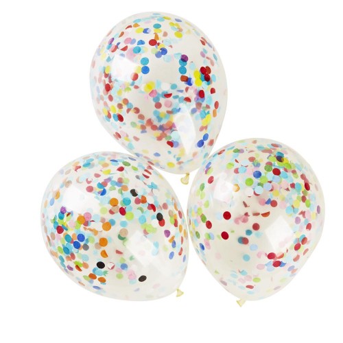 Воздушный шар, наполненный гелием, с разноцветным металлизированным конфетти в виде кружочков внутри