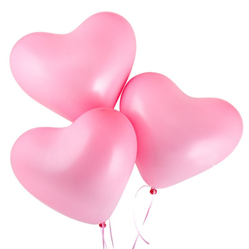 Облако из 3 воздушных шаров-сердечек розового цвета, диаметром 30 см, наполненных гелием, с бумажной лентой