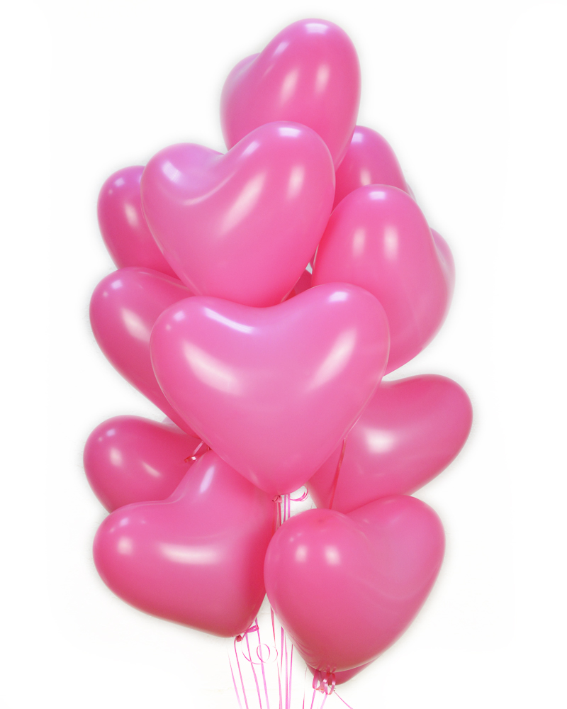 Облако из 11 воздушных шаров-сердечек, наполненных гелием и обработанных составом HiFloat для увеличения срока летучести. Цвета: красный, розовый, фуксия, белый.