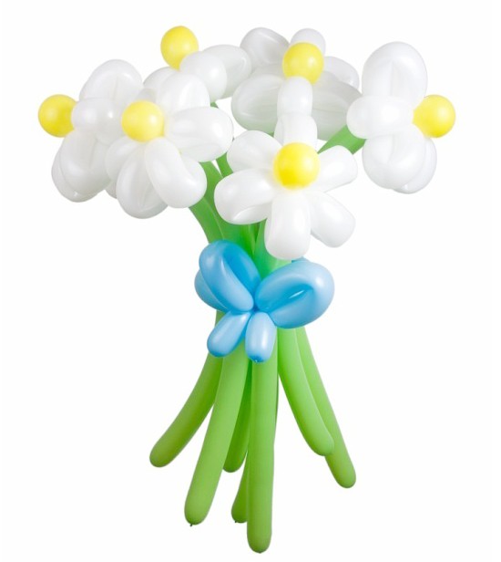Букет из 7 цветов из воздушных шаров с бантом. Высота: 0,7м. Возможно любое количество цветов в букете и любая цветовая гамма. Цена одной ромашки 50р.