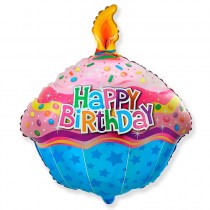 Фольгированный воздушный шар в форме кекса со свечкой.С надписью Happy Birthday. Размер 60 см. Наполнен гелием. Подвязан на ленте 120 см
