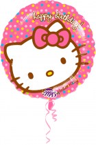 Фольгированный воздушный шар в форме круга. С изображением Hello Kitty. Размер 46 см. Наполнен гелием. Подвязан на ленте 120 см