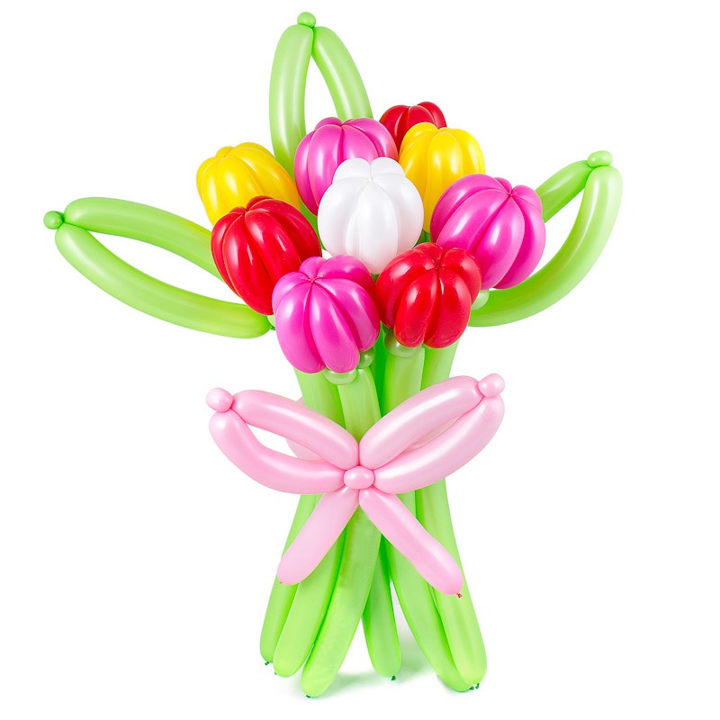 Букет из 9 цветов из воздушных шаров в виде тюльпанов, с бантом и с травой. Высота: 0,7м. Возможно любое количество цветов в букете. Цена одного тюльпана 50р. 